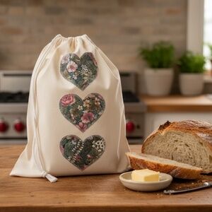 Farmhouse Muslin Green Floral Heart Appliqué Bread Bag with FREE Jar Bonnet